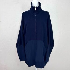 St. John Yellow Label Navy Zip Front Fleece Sweatshirt Jacket Silk Trim Size XL